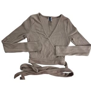 Windsor Wrap Top Ribbed Long Sleeve Tie Front Crop Top Beige Size M‎